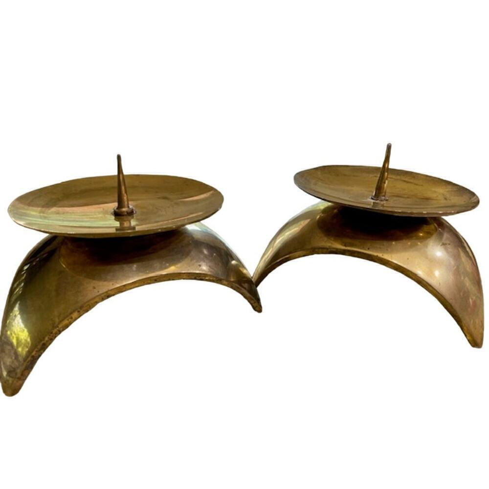 Mid Century Space Age Candleholders Solid Brass Pair • Large